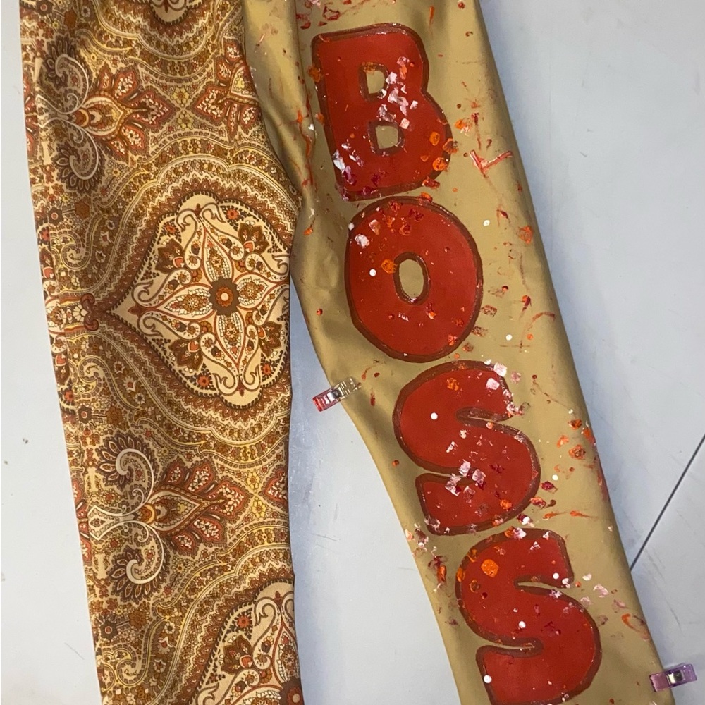 Boss Tan and Red Casual Bottoms with Intricate Design